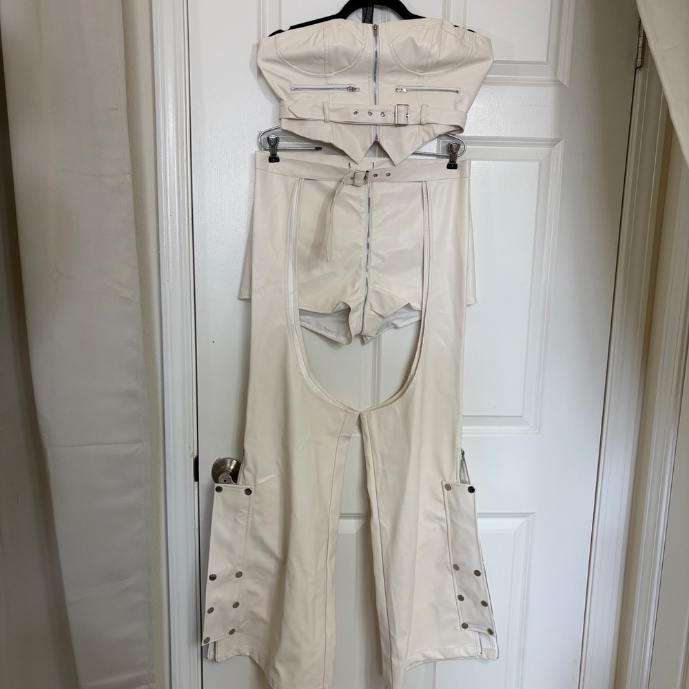 Cream Faux Leather 3 Piece Festival Set Corset Top Shorts and Chaps Cream